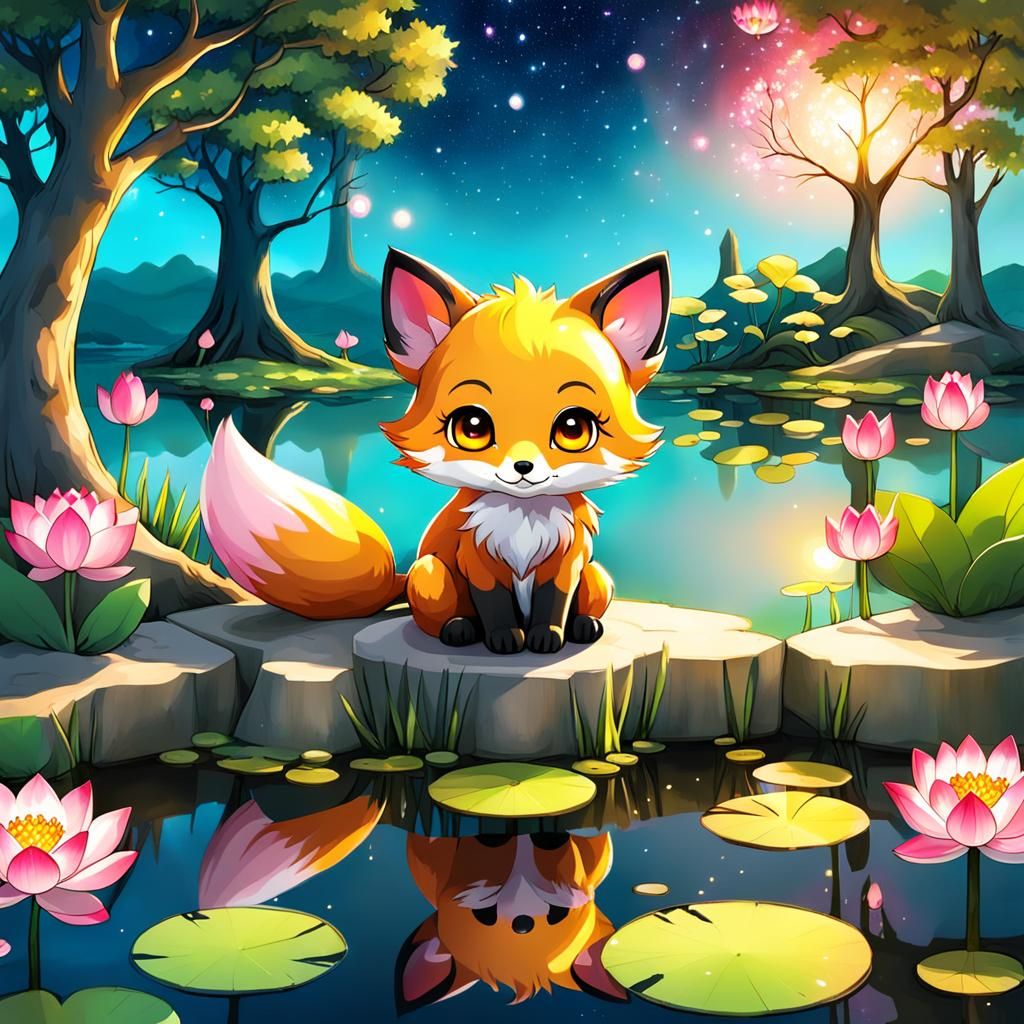 adorable chibi baby red fox sitting next to tree next to pond with pink