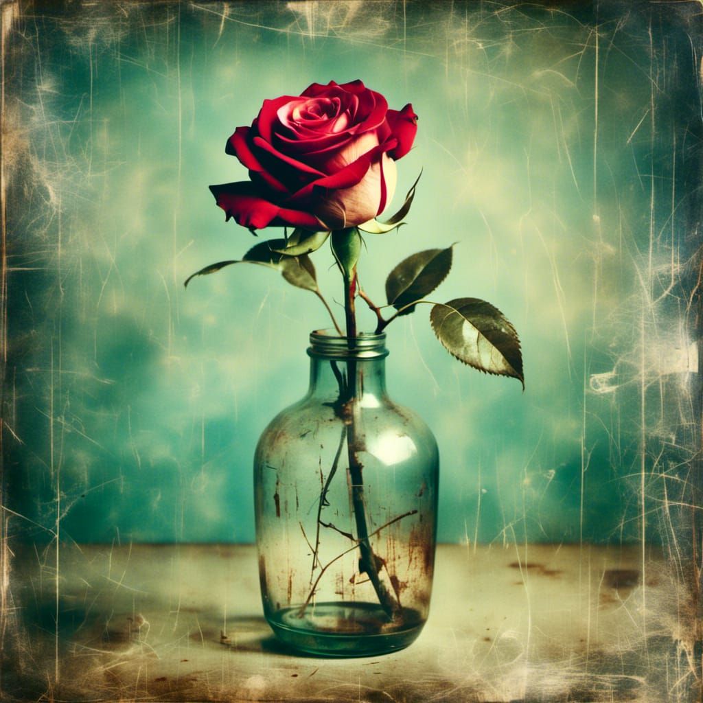<lora:GrungeRetro2:1.0> A single rose in a glass vase, retro weathered photo grunge scratched overlay, vintage punk