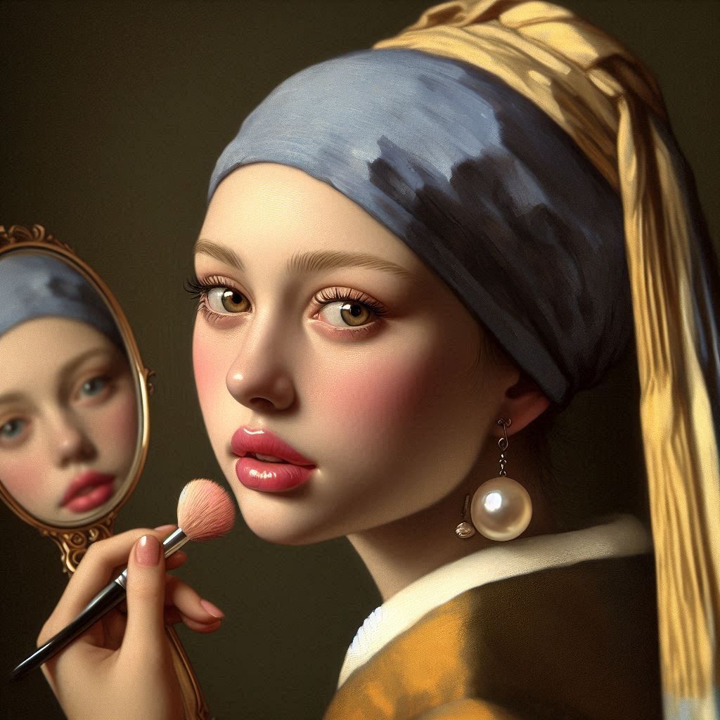 She works to meet the beauty standards of the modern world/ Johannes Vermeer/ A girl  with a pearl earring