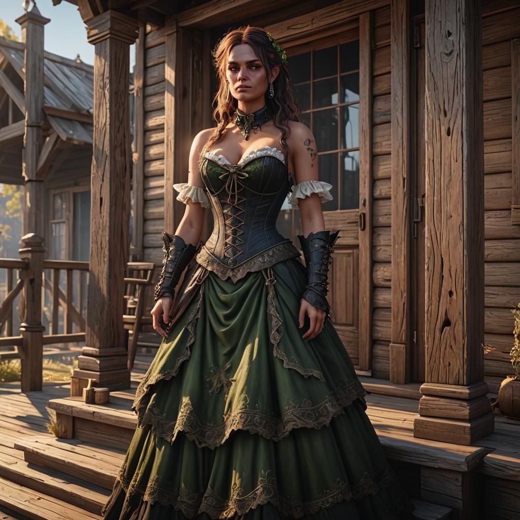 Pretty Goblin girl dressed in corset gown, standing on a por...