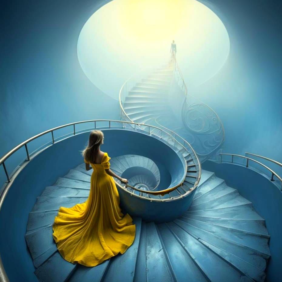 Surreal Lady Ascends into Vibrant Infinity