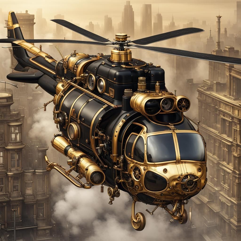 helicopter, black and gold livery, flying over city steampunk engine