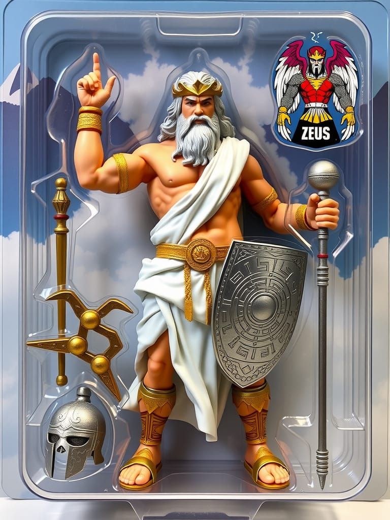 imagine an all powerful and godlike superhero action figure of Zeus, packaged in a plastic blister pack ...  by @Nomad Dreamer
