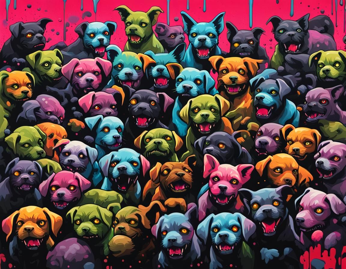 horde of zombie puppies black cat  in middle graffiti art, s...
