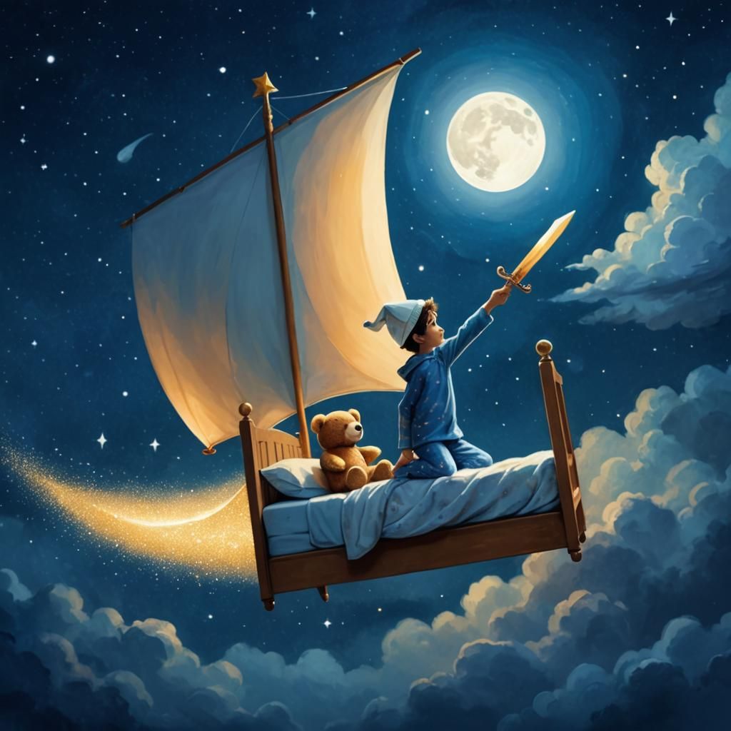 Flying with teddy bear on dream bed boat   by @David Myers