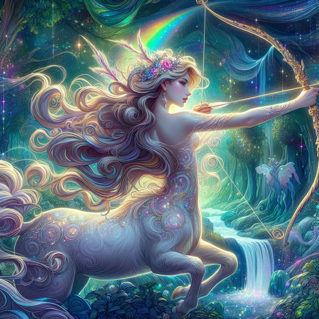 a beautiful female centaur with long flowing hair aiming a b...
