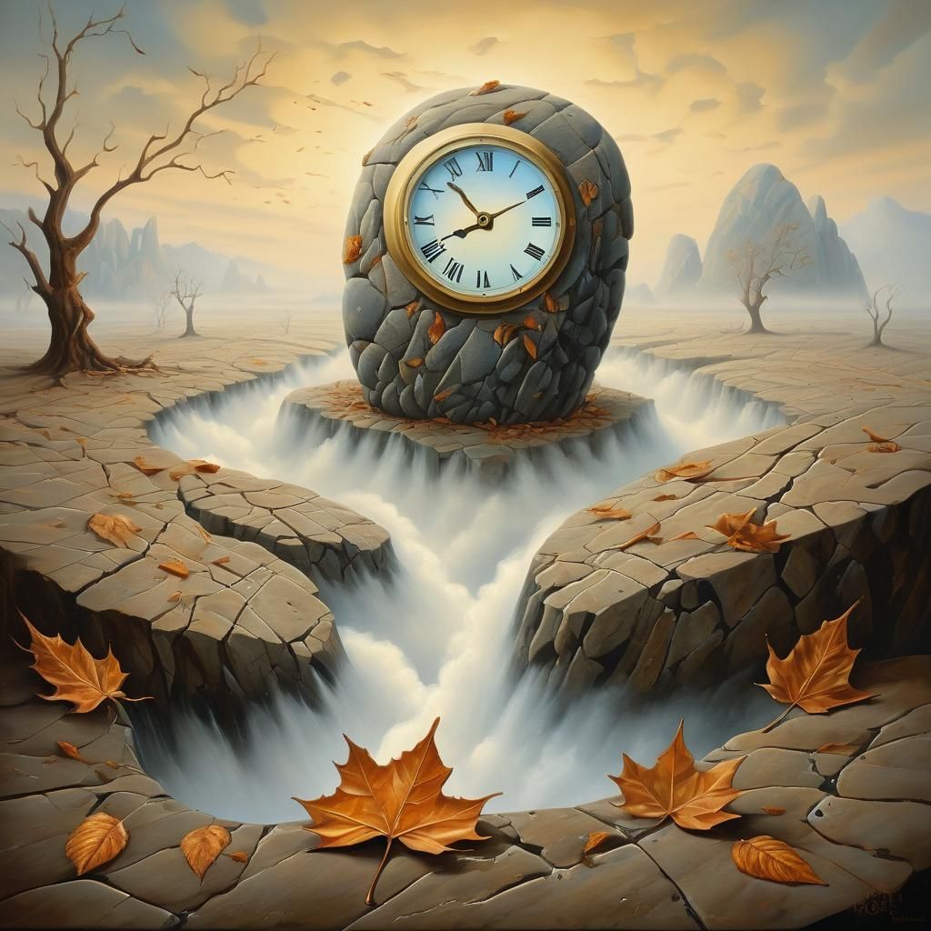 Surreal Oil Painting of Clock Mosaic Rock in Dry Landscapes
