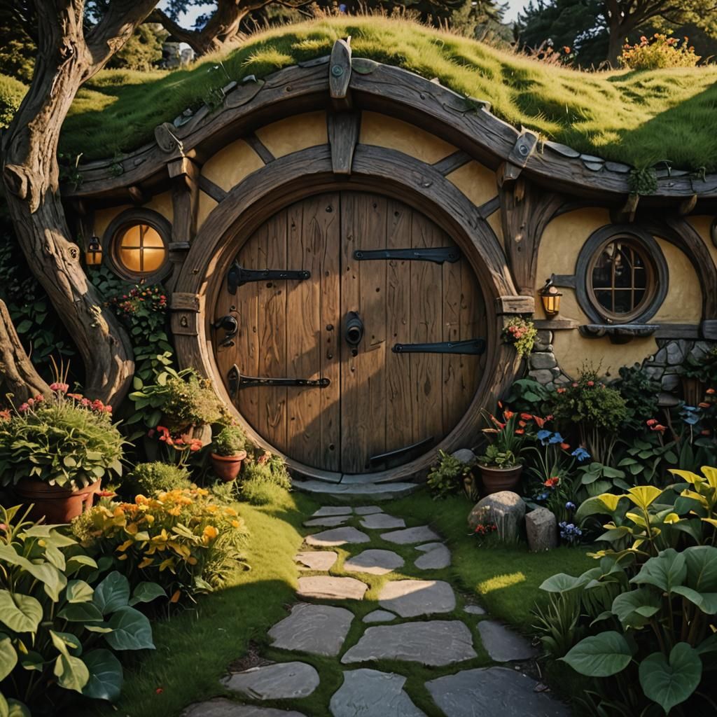 The front door of a hobbit house with the door slightly opened from the point of view as if you are walking ...  by @Clayton
