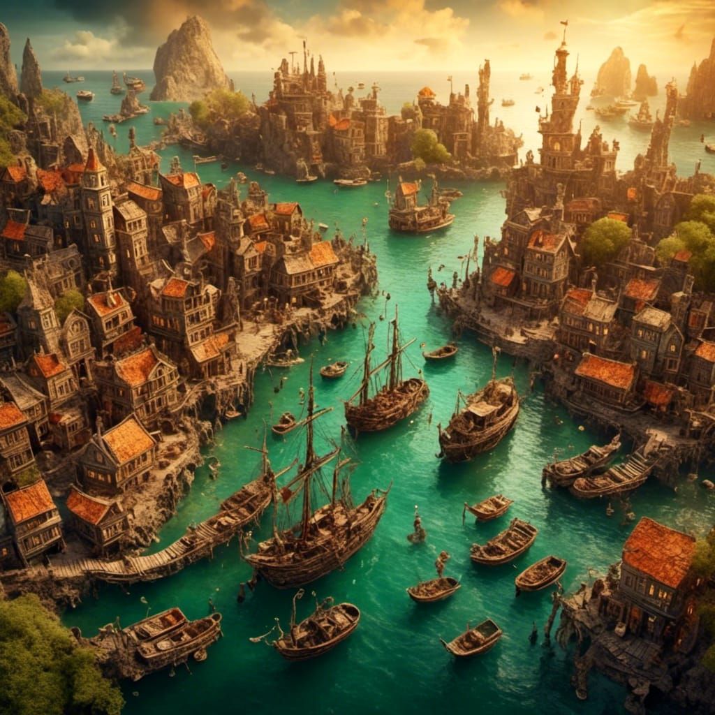Drone view of a fantasy harbour full of boats. Beautiful landscape, sunset. <lora:SybilThorn-LORA6:1.0> 