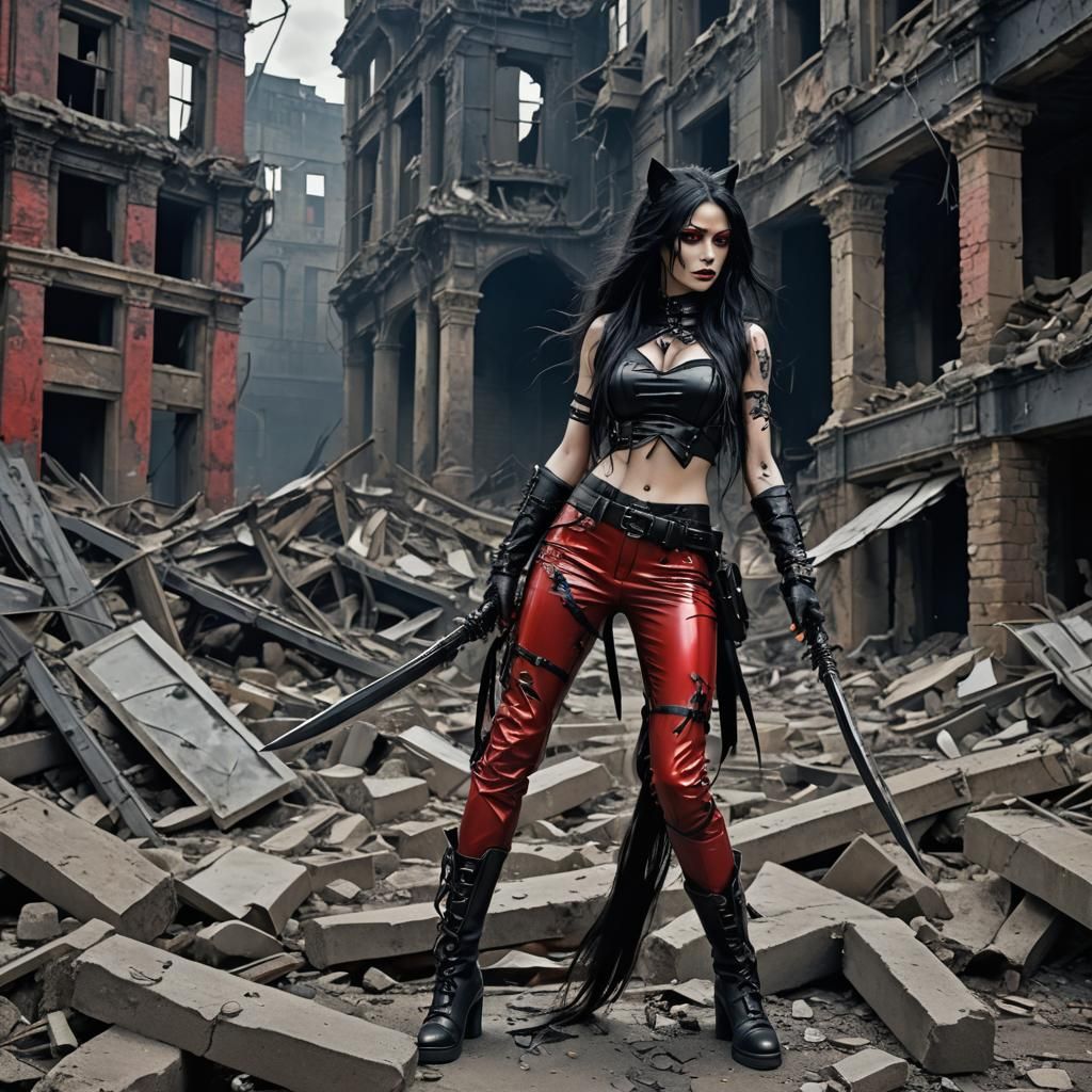 Beautiful gothic catwoman, red shiny pvc pants, black long h...