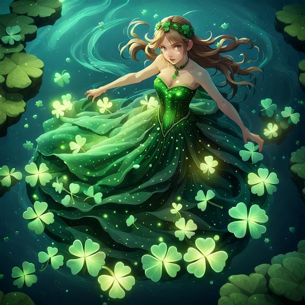 beautiful fairy glowing dress with glowing 4 leaf clovers fl...