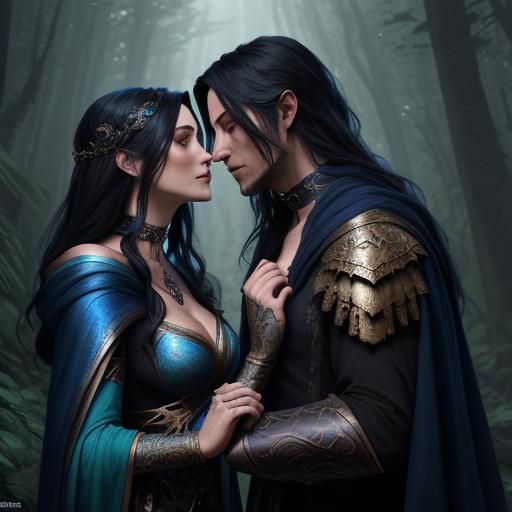 Wizard and Harem Dancer Kiss in Forest, Fantasy Art