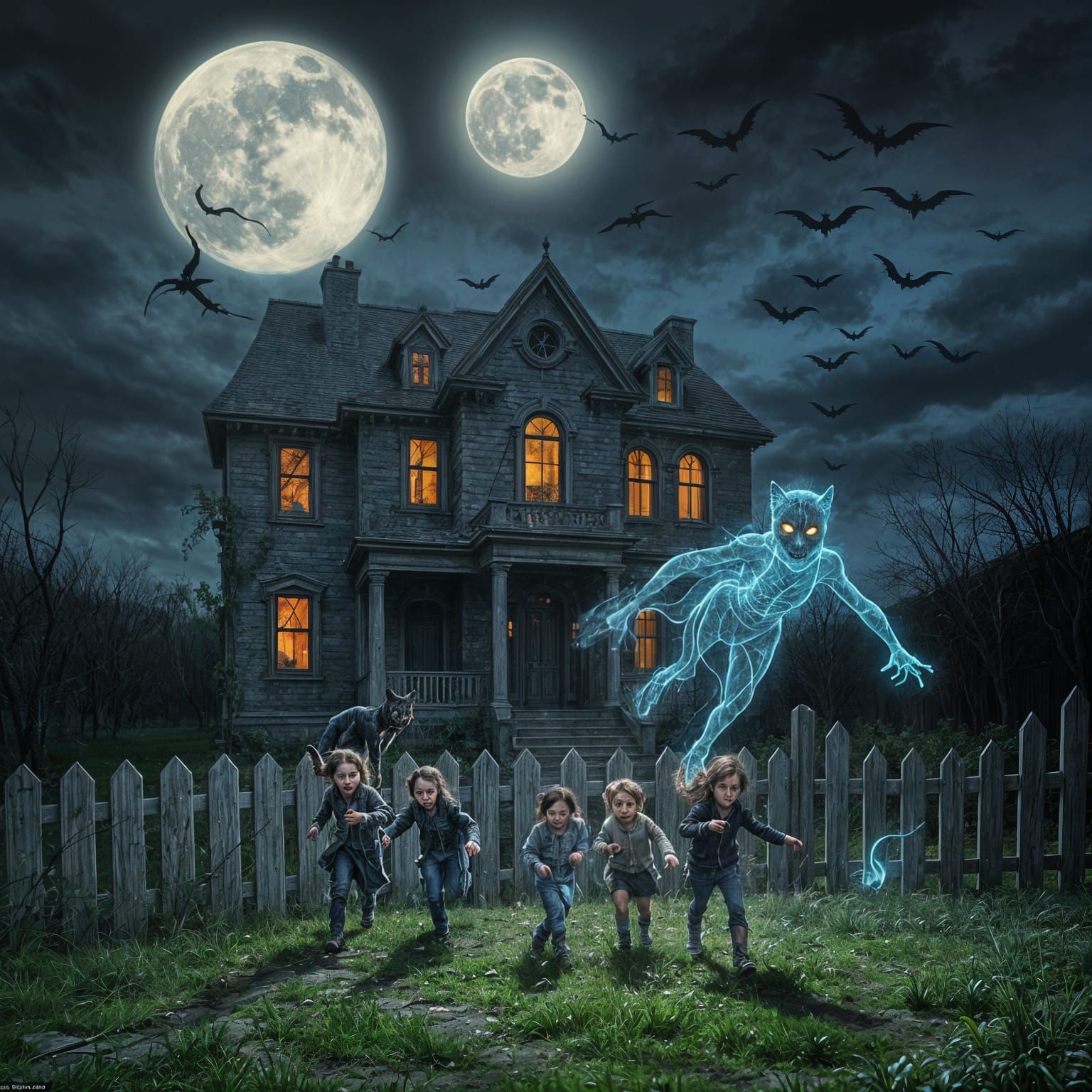 A dilapidated, abandoned mansion looms in the foreground, its facade cracked and worn, with ivy crawling up the walls, and a broken, crumbli...