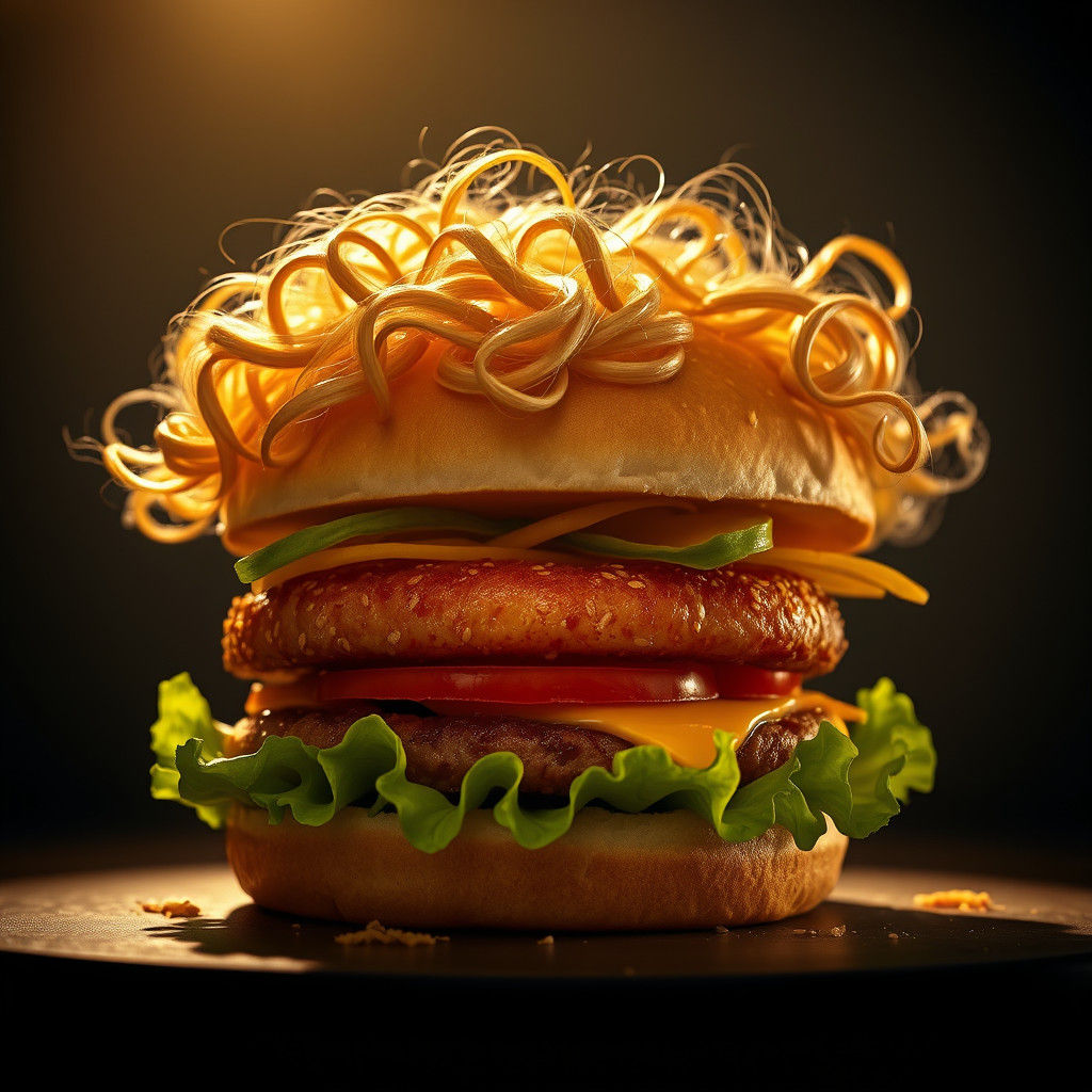 An angelic hamburger with curly blonde hair  by @Mugne11