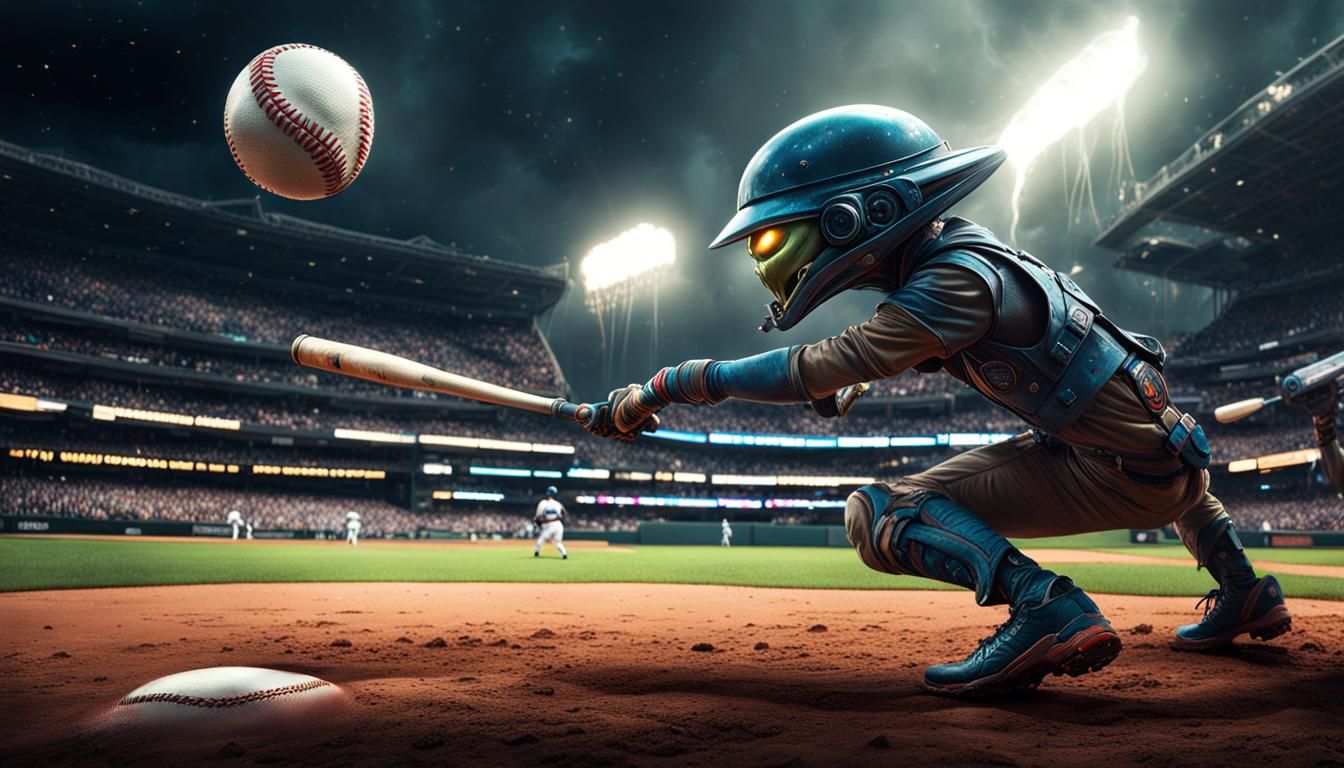 an alien hitting the ball at a baseball game. A breathtaking masterpiece  fantasycore artwork by Android Jones, Jean Baptiste monge, Alberto... - AI  Generated Artwork - NightCafe Creator