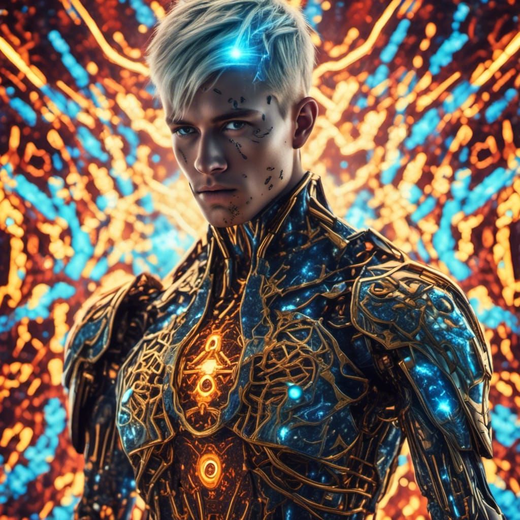 cinematic lighting, realistic detailed intricate, bacteria, midnight uranium glass, Handsome armor 20 year-old man short blonde hair gold bl...
