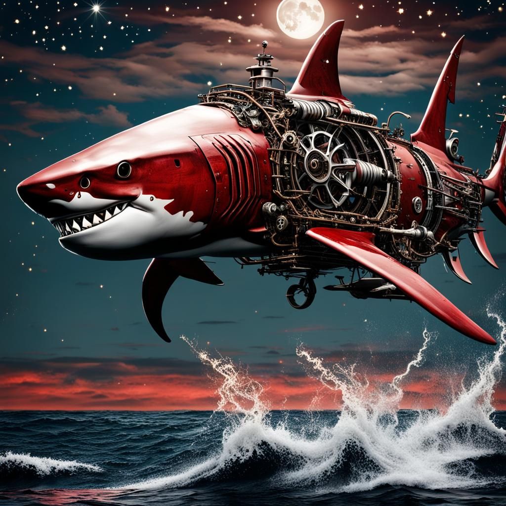 A shark jumping out of the ocean, black and red sky, stars s...