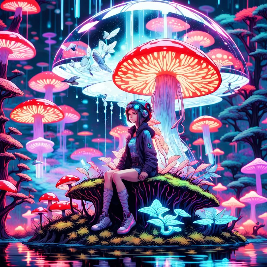 A neon-lit jungle with glowing flora and fauna, birds, a gir...