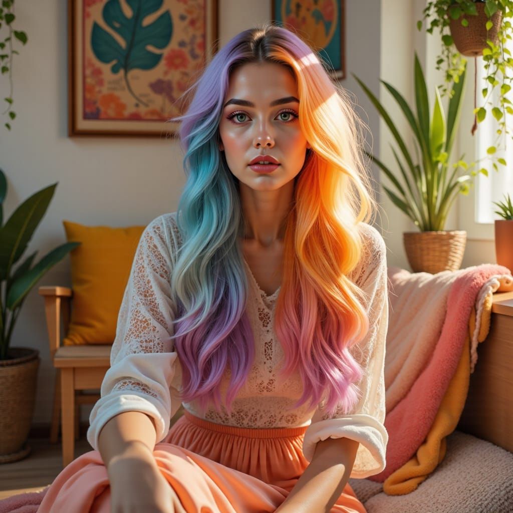 <lora:Editorial:1.0> A Pinterest-inspired girl with flowing, multi-colored blue, fuchsia, orange, lilac, and gold hair sits in a sunlit, boh...