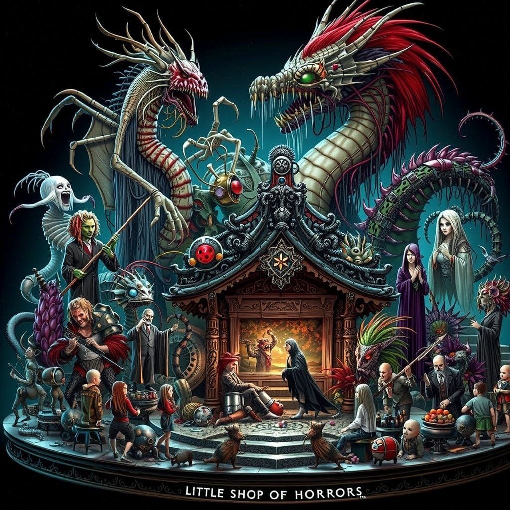 A fusion of Audrey II from Little Shop of Horrors and Lo Pan from Big Trouble in Little China, set amidst a chaotic, neon-lit, 1980s-inspire...