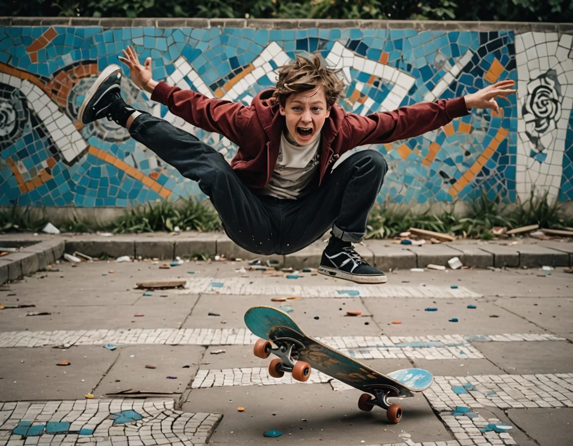 A boy is hurtling through the air, arms outstretched, fear and panic expression, moving quite fast, on the ground is a skateboard gently rol...