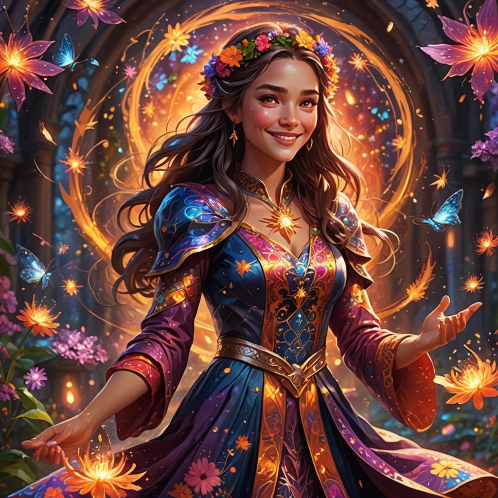 Female Wizard with Glowing Magical Energy in Art Nouveau Sty...