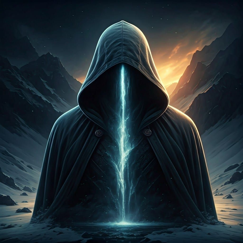 Hyperrealistic Cloaked Figure with Waterfall Landscape