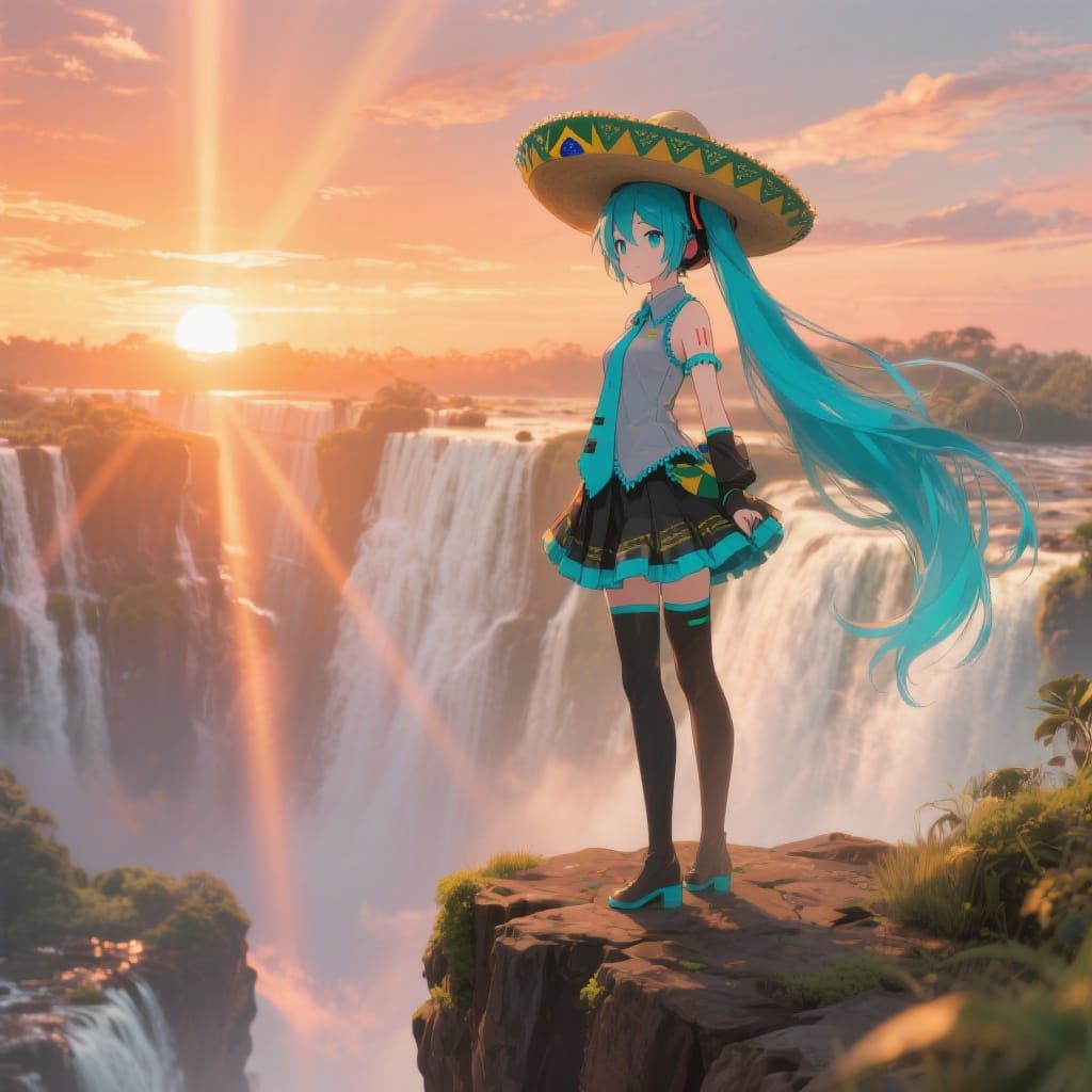 The Brazilian side of Iguazu Falls with Hatsune Miku standing on the ledge of a cliff looking over the water falls, her cyan hair ...