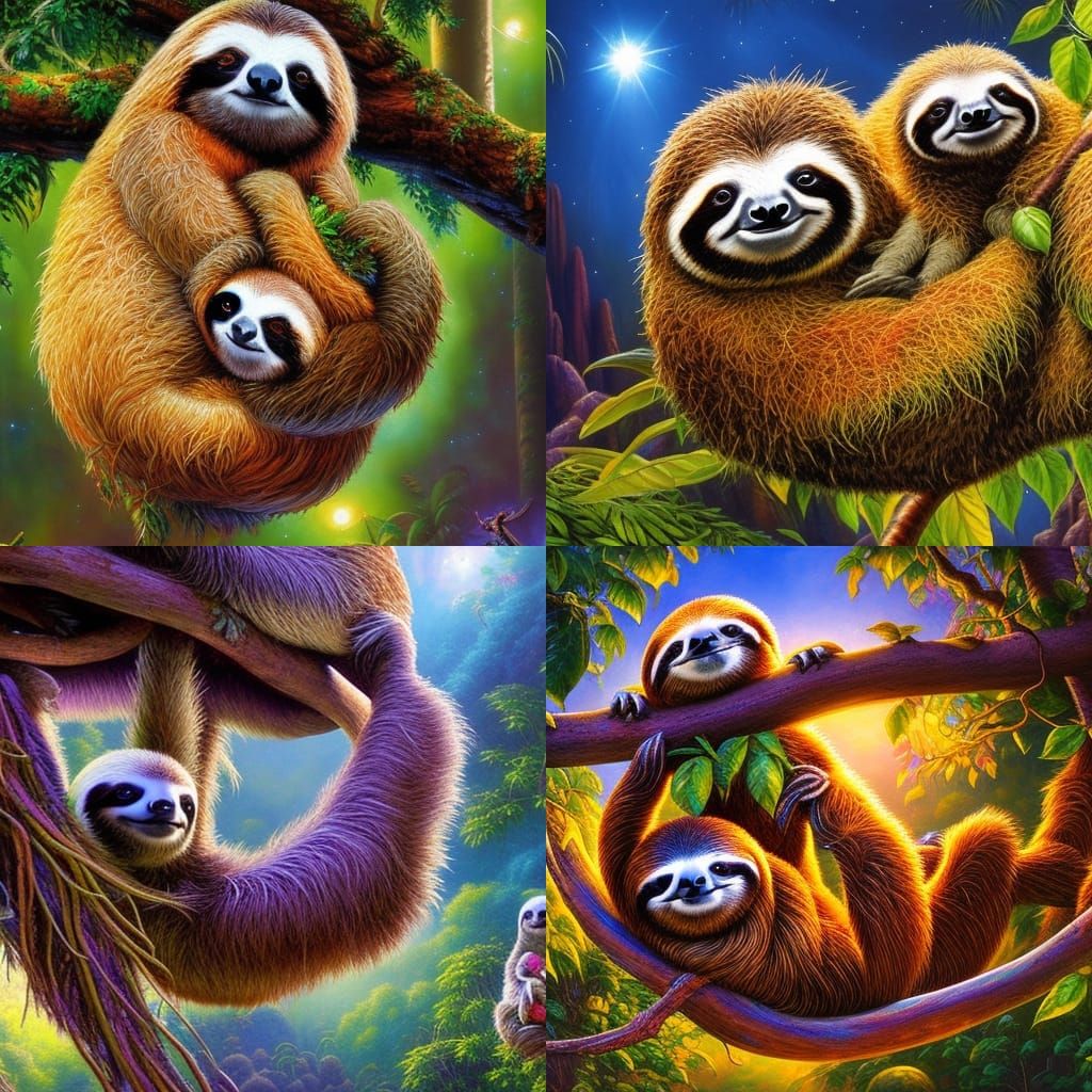 momma sloth hanging in a tree with baby sloths sitting on her belly