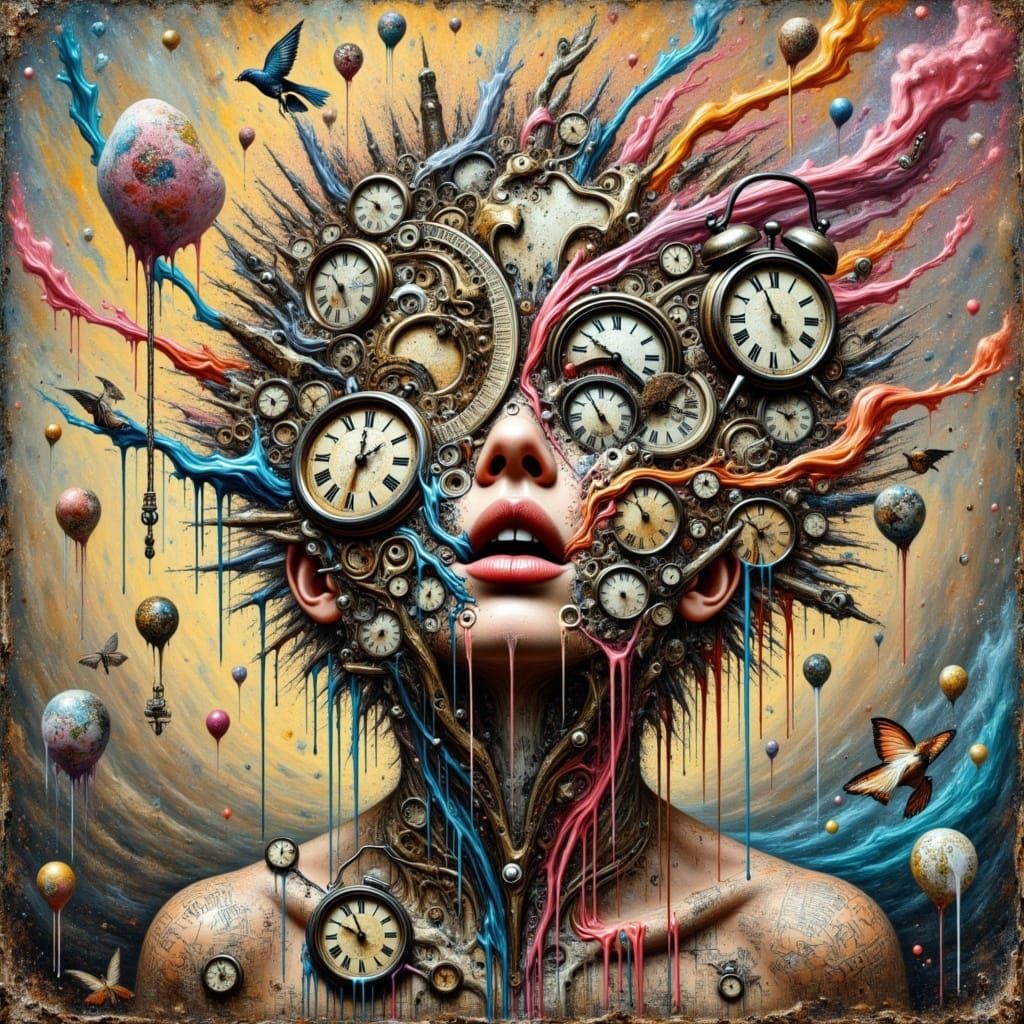 <lora:KakSurrealChaos:1.0>A surrealistic little boy made entirely of gears, melting clocks, and dripping paint, Mixed media, chaotic, impast...