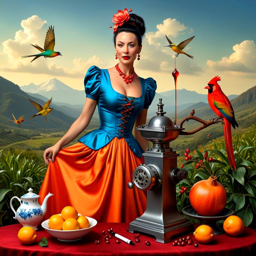 Surreal Woman with Exotic Animals, Hyperrealistic Style