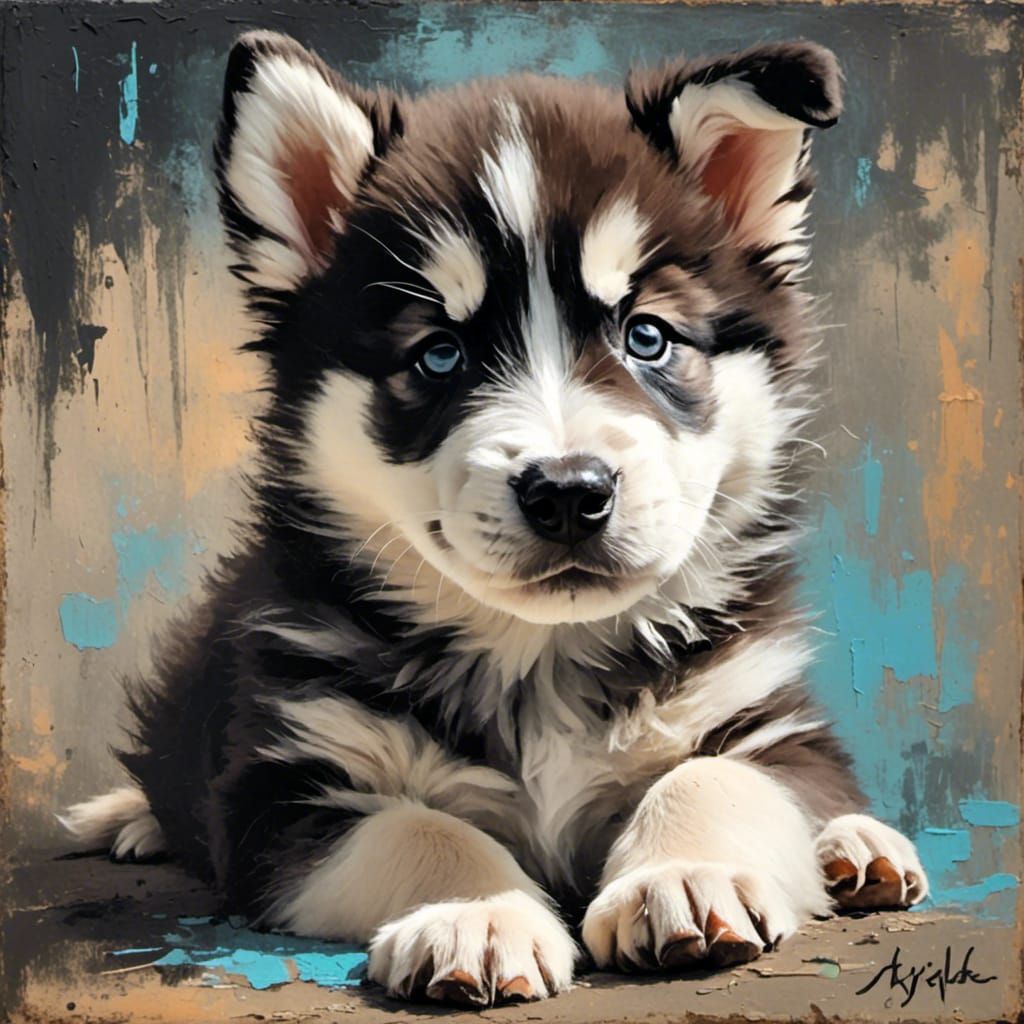Adorable Alaskan Husky puppy in the style of a grungy oil chalk painting. <lora:Oil Chalk Paintings:1.0> 