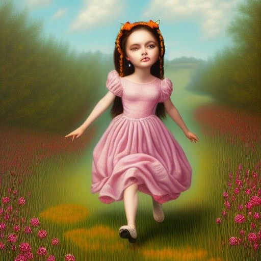 Artist Mark Ryden  painted a girl in a meadow picking wildfl...