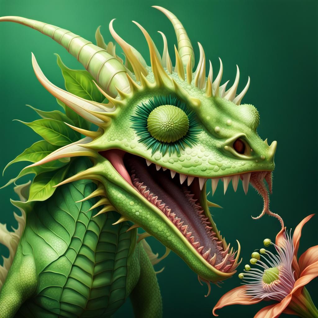 Green dragon with venus flytrap teeth and passiflora neck fr...