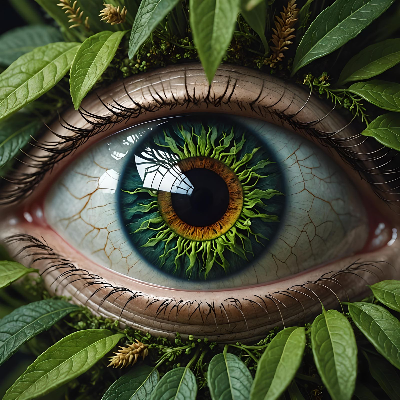 Detailed Eyeball Reflecting Arcimboldo-esque Nature Scene