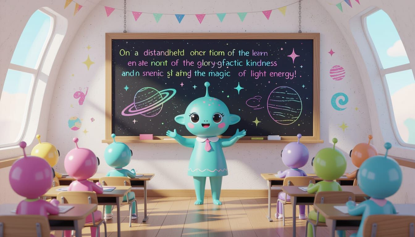 Adorable Alien Teacher Guides Students in Cosmic Classroom