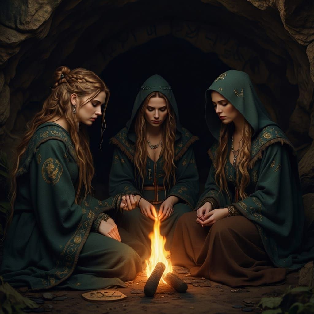 3  beautiful women silking and predicting future according to the Nordic mythology. Ultra realistic.