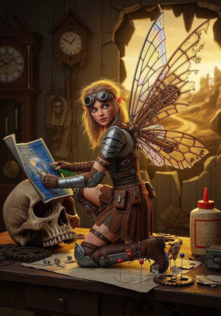 Post-apocalyptic fairy looking at blue print to fix prosthetic mechanical wing in clock store  by @David Myers
