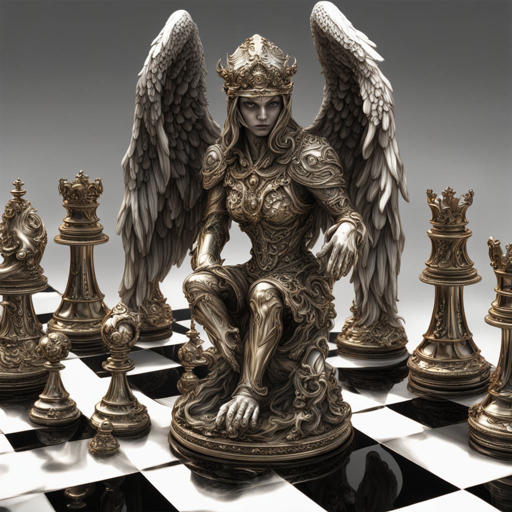 Angel demon chess hyperdetailed ultraintricate ultraornate u...