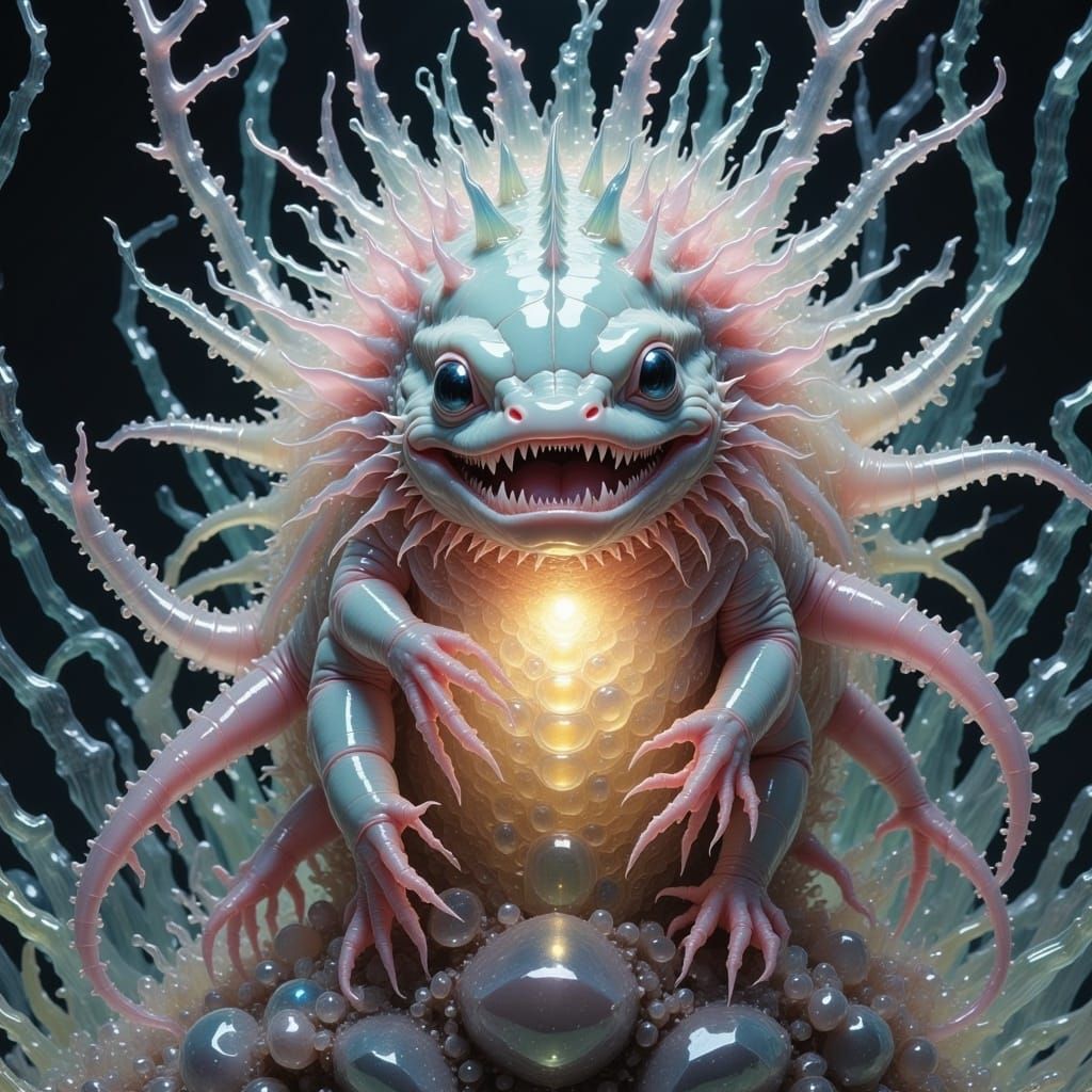 Mineral silicon baby gremlin lifeform with a pale polkadots glow from its center and translucent crystal body and limbs axolotl rows upon ro...