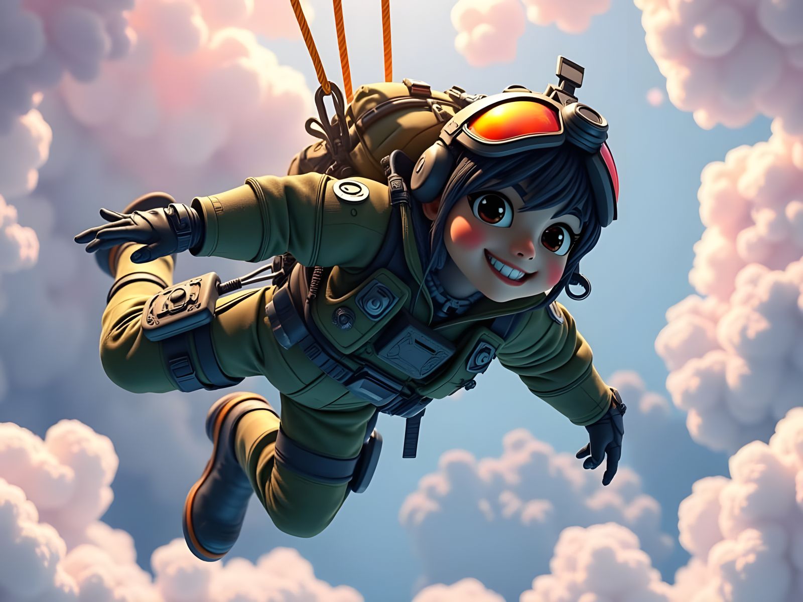 Vibrant Whimsical CGI cartoon Army Paratrooper, with intricate textures and lighting, inspired by the stylized realism of Pixar, with a mix ...