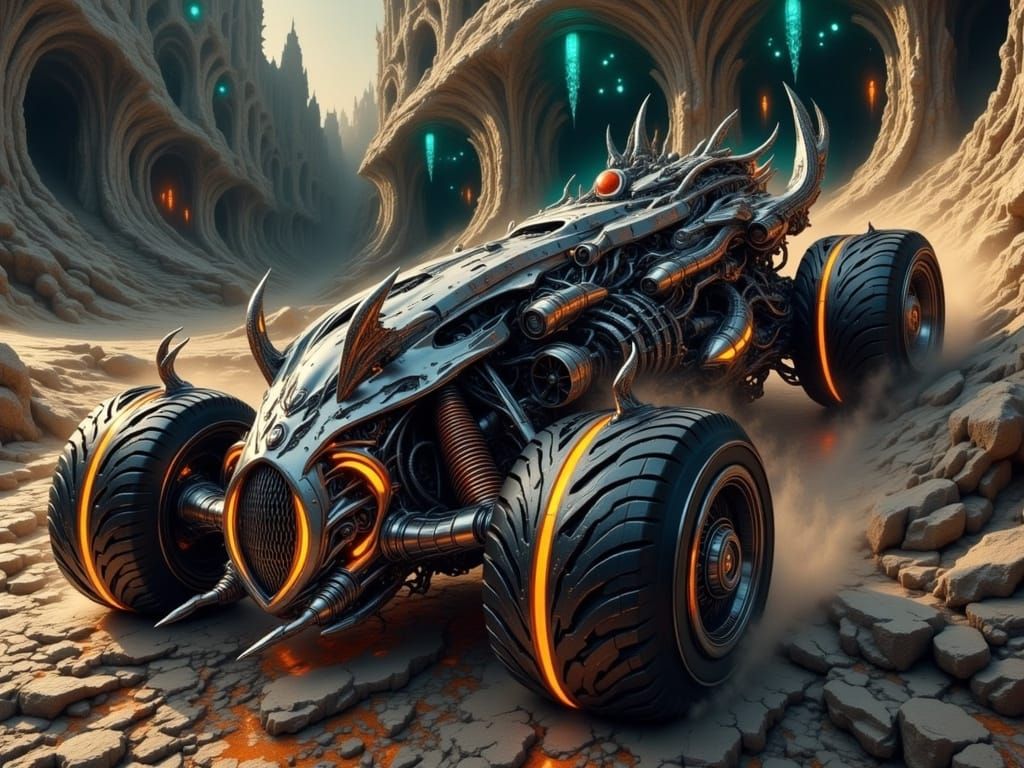 Futuristic Monster Car in Dark Sci-Fi Dungeon