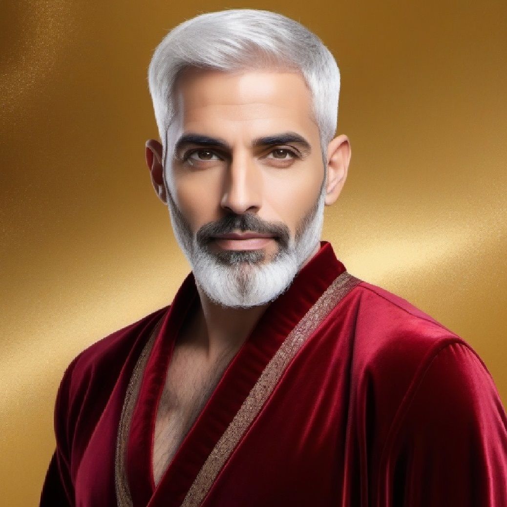 A handsome bearded daddy wearing a red velours bathrobe