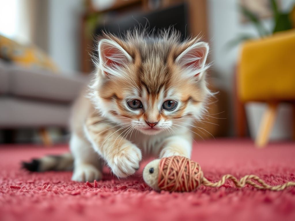 Closeup of a small fluffy kitten playing with a yarn mouse on a soft red carpet in a modern living room ...  by @David Grewcock