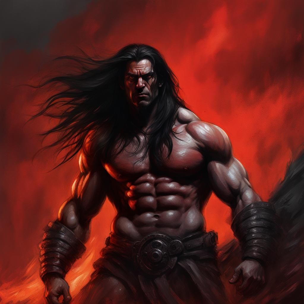 charcoal sketch, very muscular male barbarian with long blac...