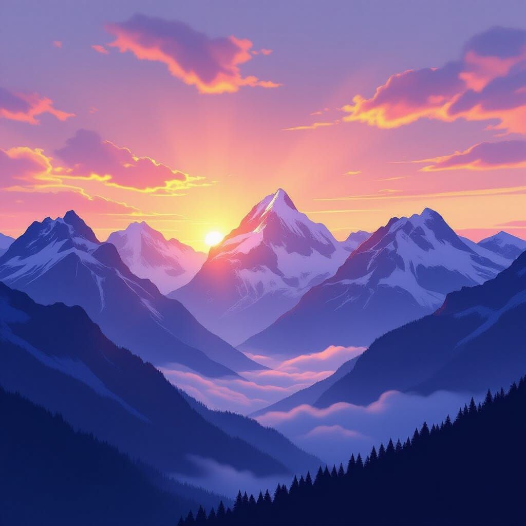 Majestic Mountain Sunrise Over Misty Valley