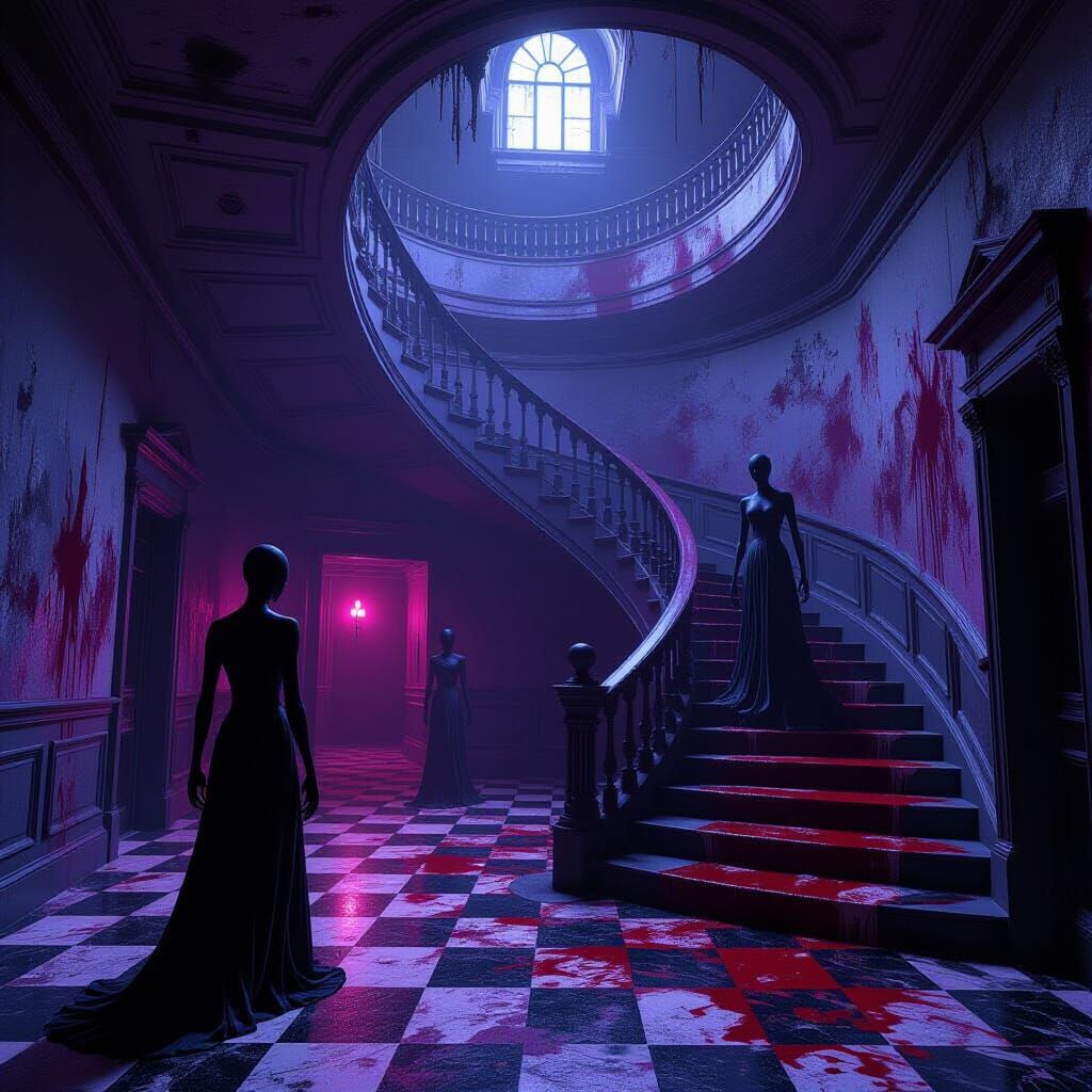 A nightmarish dreamscape of a forgotten asylum at the edge of reality, crumbling architecture melting into shadowy voids, twisted humanoid f...