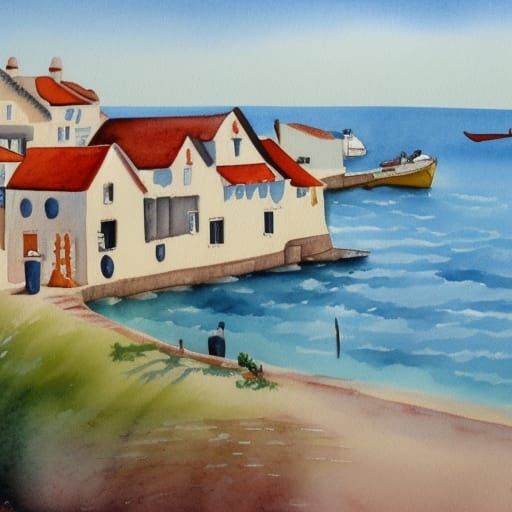 watercolor of an old French coastal village