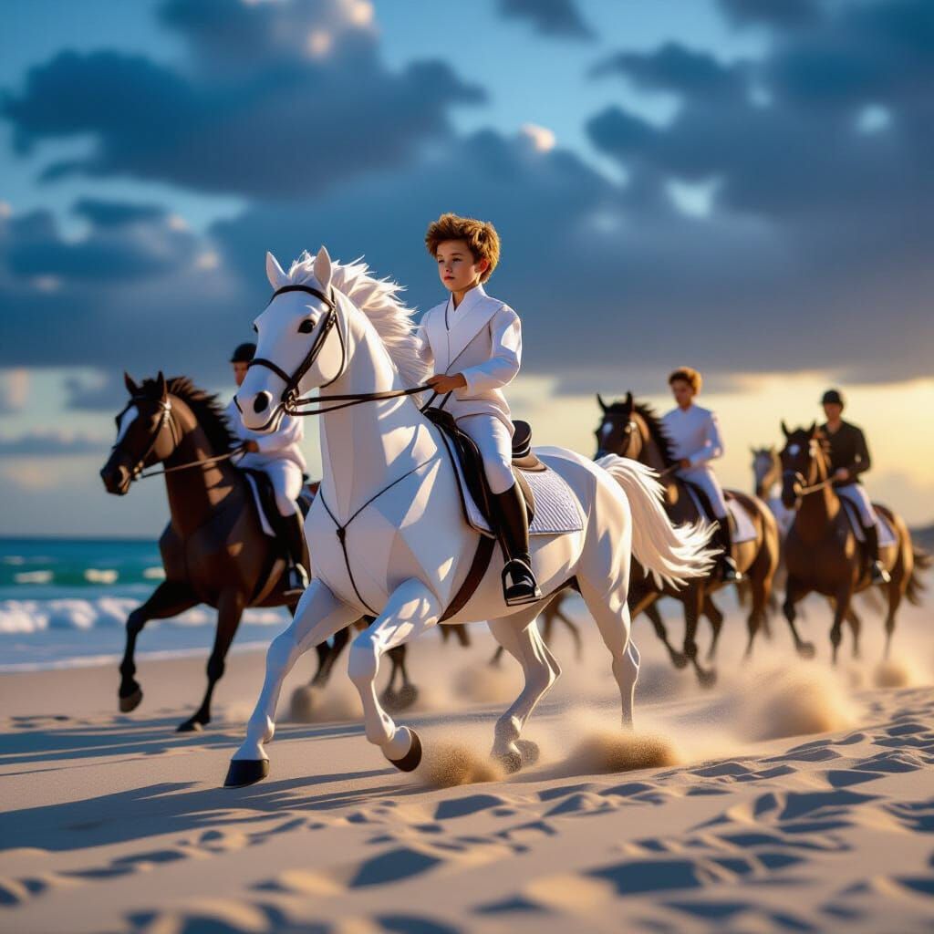 Boy on White Warhorse Chased on Beach in Origami Style