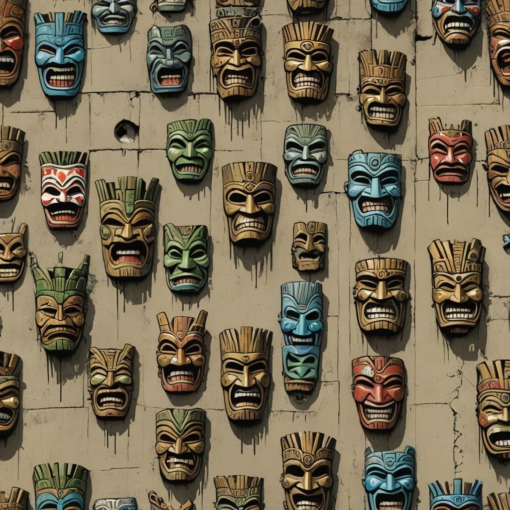 tiki masks on a wall Banksy - AI Generated Artwork - NightCafe Creator